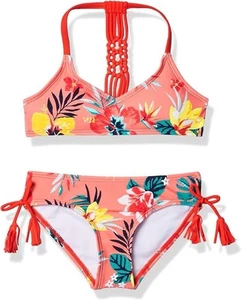 Kanu Surf Swimsuit Girls 14 Coral Orange Floral 2 Piece Bikini Tassel Brooke  - Picture 1 of 5