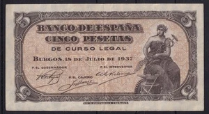 Billet Espagne 5 Pesetas 1937 Burgos - Portabella - Serie A - MBC + - Picture 1 of 2