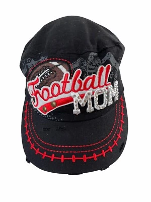 Womens FOOTBALL MOM Black Hat Cap Rhinestone Bling Adjustable Red Stitching - Image 1 of 4