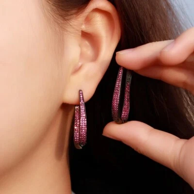 1 Ctw Lab Created Ruby 14K Black Gold Plated .925 Silver Circle Hoop Earrings - Image 1 of 4