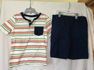 NEW Carter's Boys Neon Stripe Shirt w Pocket & Navy Shorts Set 2pcs many sizes - Picture 1 of 3