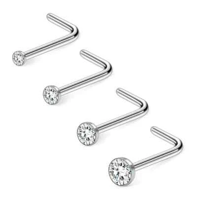 Sterling Silver Clear L Shape Ring Thin Tragus Nose Stud Helix Ear Lip Piercing - Image 1 of 4