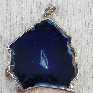 Artisan Geode Pendant Blue Gemstone Jewelry South Western Boho Silver Color Trim - Picture 1 of 8