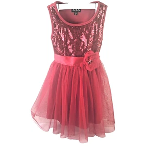 Christmas Dress Girls Red Sz 4 Sparkly Sequins, Tulle & a Flower - Tie In Back - Picture 1 of 7