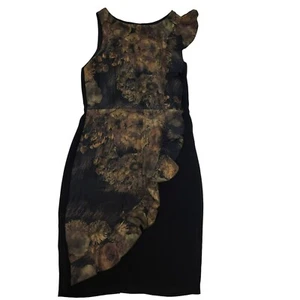 Eva Franco Sin Mangas Midi Vestido Seda Volantes Negro con Oro Marrón Para Mujer 6 - Imagen 1 de 12
