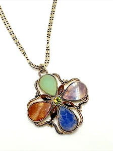 MONET Floral Anhänger Halskette Multicolor Glas Kunststein Amulett Doppelkette - Bild 1 von 8