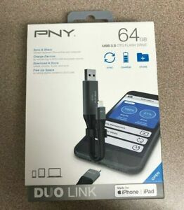 PNY Duo Link 64 GB USB 3.0 OTG Flash Drive for iPhone or iPad Black New