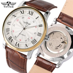 WINNER Men's Automatic Mechanical Watch Auto Date Watches Leather Band Luxury - Picture 1 of 14