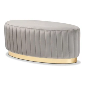 Oval Ottoman Beige Gray Blue Padded Velvet Gold PU Base Glam Luxe Channel Tufted - Picture 1 of 27
