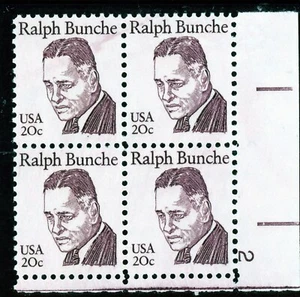 US  1860   Ralph Bunche  20c -  LR Plt Blk of 4  -MNH -1982 - Plt  #2  LR - Picture 1 of 1