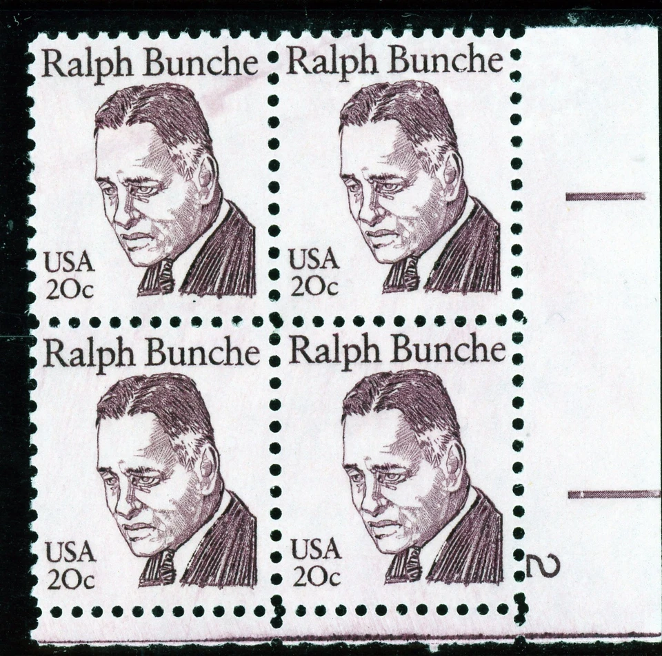 US  1860   Ralph Bunche  20c -  LR Plt Blk of 4  -MNH -1982 - Plt  #2  LR - Image 1 of 1