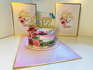 LUXURY GOLD Happy Birthday Cake with Little Blue Butterflies 3D Greeting Pop Up - Bild 1 von 11