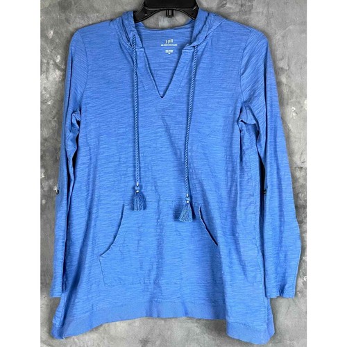 J Jill Women's Blue Tab Sleeve Knit Hoodie Pullover L/S Top sz XS