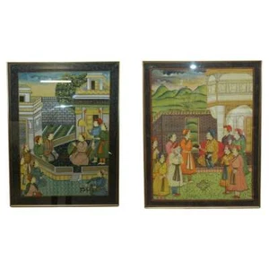 PAIR OF COLLECTABLE ANTIQUE PERSIAN HAND PAINTED ORIENTAL SCENES ON SILK FRAMED - Picture 1 of 12