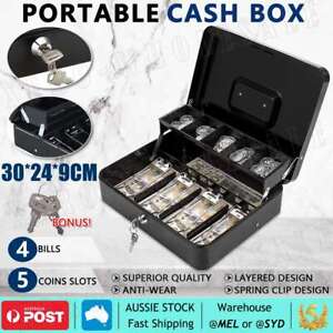 Portable Cash Box Safe Coin Box Metal Lock Security Bank with Storage Tray 2 Key
