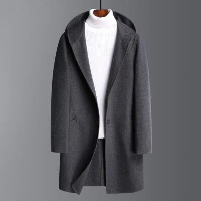 Men's Double-sided Wool Mid-length Coat Windbreaker Hooded Cashmere Coat Jacket - Image 1 of 4