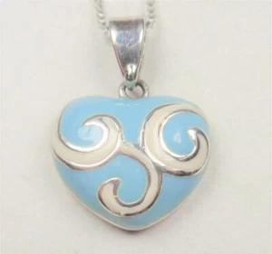 STERLING SILVER HEART WITH SKY BLUE & WHITE PAINTED ENAMEL PENDANT NECKLACE - Picture 1 of 6