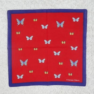 M924 HANAE MORI Red Butterfly Cotton Scarf Scarves Pocket Square 16.5" X 16" - Изображение 1 из 4