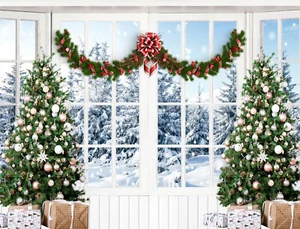 Interior Christmas Tree Photo Backdrop Window Snow Forest Background Studio Prop - Picture 1 of 9
