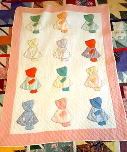 Applique Sunbonnet Sue Child's Quilt Baby Quilt 37" x 49" Vintage Handmade - Picture 1 of 15