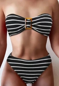 Gestreiftes Druck-Set Bikini, Bandeau-Tube-Top, L - Bild 1 von 5