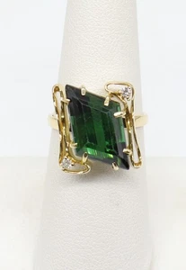 Anello oro giallo 18 kt rettangolare taglio smeraldo verde tormalina diamanti misura 7 - Foto 1 di 17
