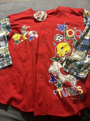 Taz Bugs Shirt Large Plaid Sleeve Button Up Vintage 90s 1994 Looney Tunes Medium - Image 1 of 4