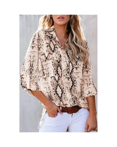 Azura Exchange Printed Turn Down Collar Shirt Women Brown - Foto 1 di 4