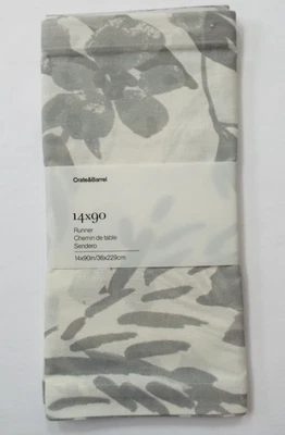 Crate & Barrel Table Runner Sendero 14 x 90 White Gray Floral Linen Blend - Image 1 of 2