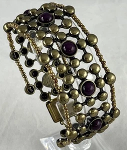Vintage 60er Jahre messingfarben LILA Cabochon breites Statement ARMBAND - Bild 1 von 3