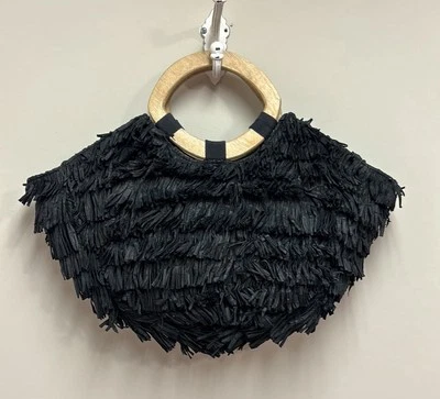 Anthropologie Rosalita Fringed Raffia Tote Bag Boho Wood Handle Black Purse - Image 1 of 4