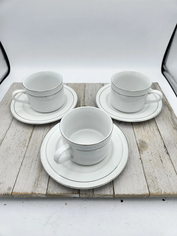 Gibson Elite White Hobnail silver Cup and Saucer set Beaded Replacement Set Of 3 - Image 1 of 4