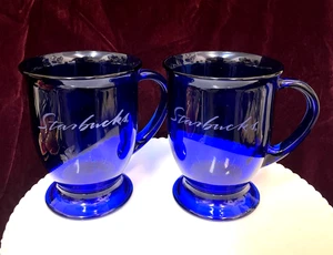 Set 2 STARBUCKS COFFEE Cobalt Blue Footed Mug Cup Etched Anchor Hocking Glass - Picture 1 of 12