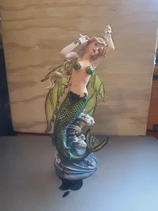 Green Mermaid Figurine Sitting on a Wave/ Fantasy and Magical H 8.50 inches - Picture 1 of 5