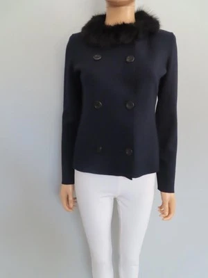 PRADA Navy Blue Double-Breasted Knit Cardigan w/Black Fur Collar Size 40/US 4 - Image 1 of 4