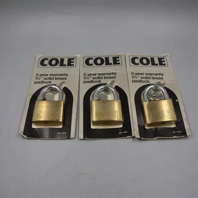Vintage 1980s Cole 1.5" Keyed Padlocks Lot of 3 Heavy Duty Solid Brass - Image 1 of 4