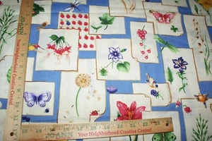 Botanical Butterfly Birds Blue Dragonfly+ Design Kesslers Cotton Fabric 1Y x 60W - Picture 1 of 3