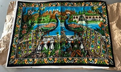 Vintage Velvet Peacock Tapestry  Wall Hanging 50”x35" Original 70's Bohemian - Image 1 of 4