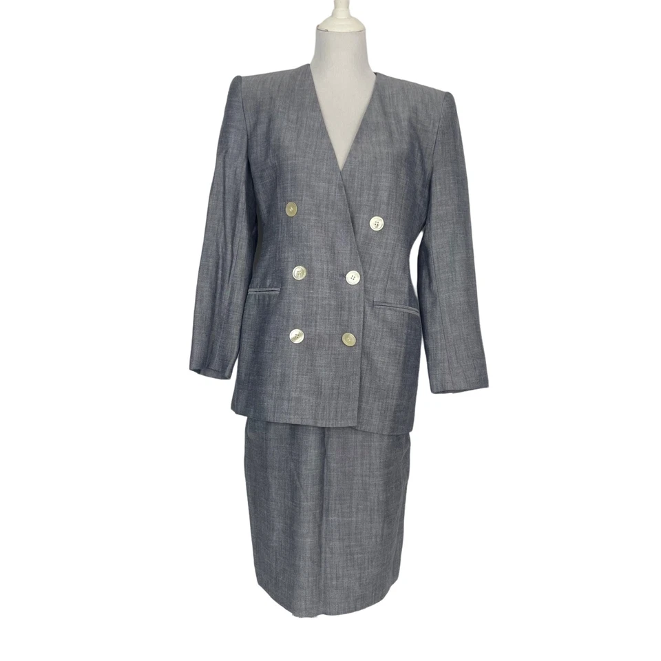 Terno saia Saville vintage anos 80 2 peças feminino XS azul tamanho grande roupa de escritório - Imagem 1 de 4