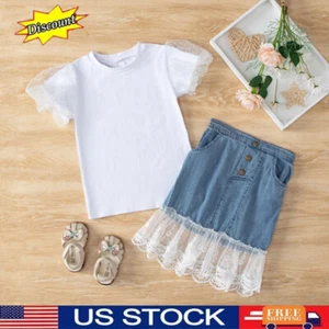 2pcs Toddler Baby Girl Kids Skirts Outfit Short Sleeve Top Lace Denim Skirt Sets - Picture 1 of 9