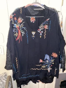 Johnny Was Watipaso Beach Raw Embroidered Cotton Hoodie Top Black XXL no damage - Picture 1 of 3