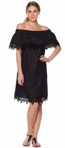 DIANE GILMAN Size L Off Shoulder Lace Trim Dress BLACK - Picture 1 of 3