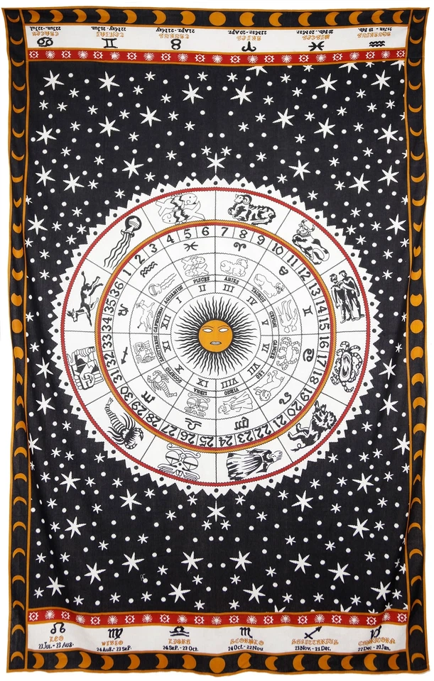 Zodiac Astrology Mandala Indian Tapestry Retro New Age Astrological Horoscope - Image 1 of 1