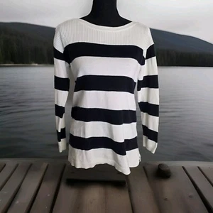 Talbots Sweater Small Navy Blue White Striped Nautical Coastal French Stripe - Picture 1 of 7