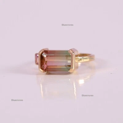 Кольцо штабелируемое с арбузом турмалином и розовым сапфиром восьмиугольной огранки золото 14 карат  - Изображение 1 из 4