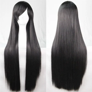 80cm Black Long Straight Sleek Hair Side Bangs Full Hair Wigs Women Cosplay Wigs - Picture 1 of 3