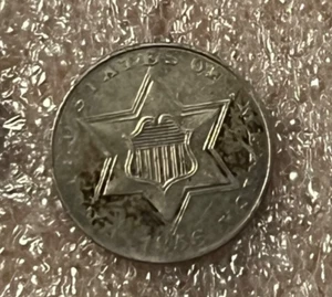 1856 Three Cent Silver , some toning , nice XF / AU - Picture 1 of 6