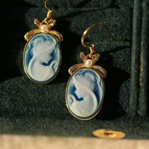Pendientes camafeo azul vintage de plata de ley 925 con pendientes de oro joyas antiguas - Imagen 1 de 6