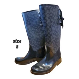 COACH "Tristee" Lace-Up Corset Signature Logo Rain Boots Black ~ Sz 8 - Picture 1 of 8