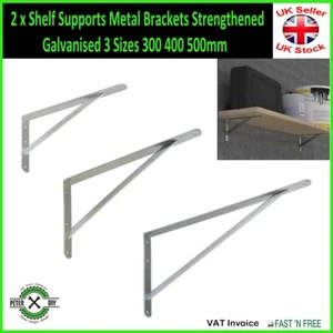 2 x Shelf Supports Metal Brackets Strengthened Galvanised 3 Sizes 300 400 500mm - Picture 1 of 4